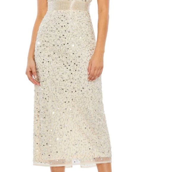 MAC DUGGAL GEOMETRIC EMBELLISHED SLEEVELESS A-LINE NUDE SILVER DRESS sz 8 - Picture 5 of 6